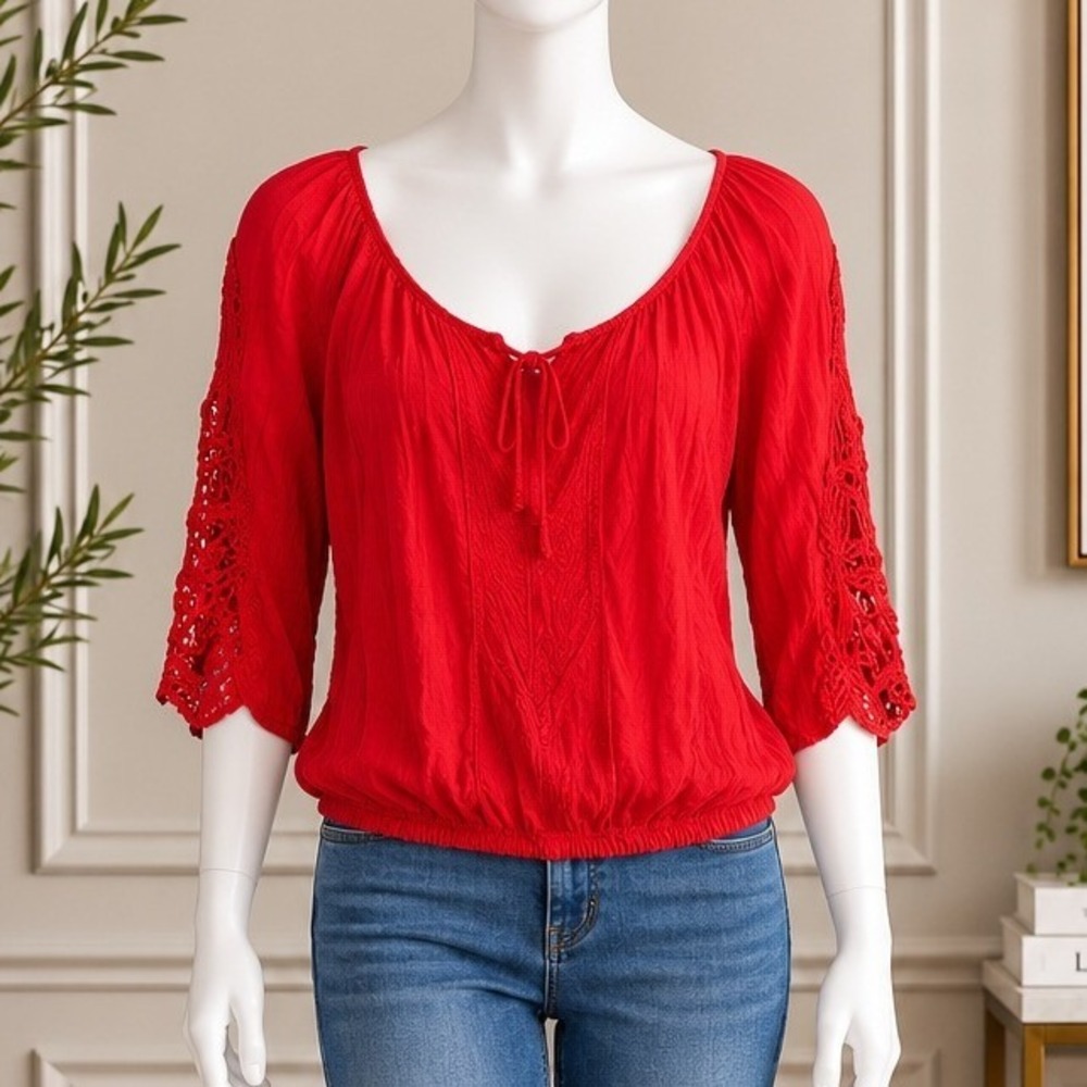 Happening in the Present Womens Blouse Red Crochet Lace Sleeve Elastic Hem XS